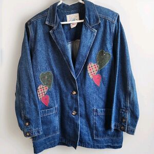 Vintage Blue Clover Denim Jacket - Size 1X - Heart Appliqué - Made in USA